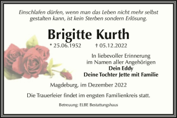 Traueranzeige von Brigitte Kurth  von Magdeburger Volksstimme