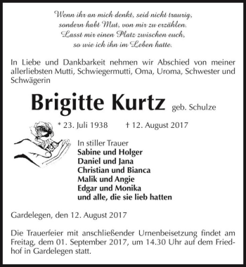 Traueranzeige von Brigitte Kurtz (geb. Schulze)  von Magdeburger Volksstimme