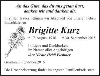 Traueranzeige von Brigitte Kurz  von Magdeburger Volksstimme