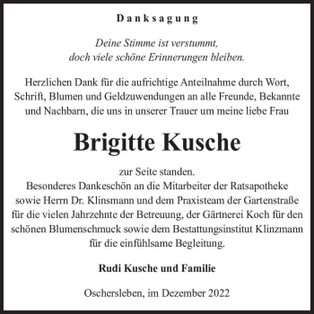 Traueranzeige von Brigitte Kusche  von Magdeburger Volksstimme