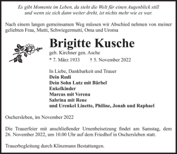 Traueranzeige von Brigitte Kusche (geb. Kirchner, gen. Asche)  von Magdeburger Volksstimme