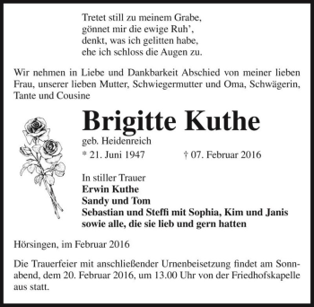 Traueranzeige von Brigitte Kuthe (geb. Heidenreich)  von Magdeburger Volksstimme