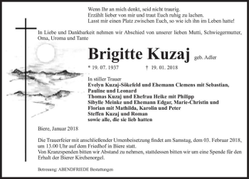 Traueranzeige von Brigitte Kuzaj (geb. Adler)  von Magdeburger Volksstimme
