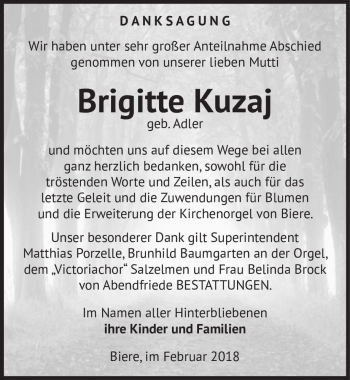 Traueranzeige von Brigitte Kuzaj (geb. Adler)  von Magdeburger Volksstimme
