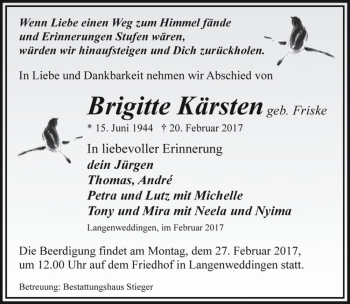 Traueranzeige von Brigitte Kärsten (geb. Friske)  von Magdeburger Volksstimme