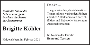 Traueranzeige von Brigitte Köhler  von Magdeburger Volksstimme