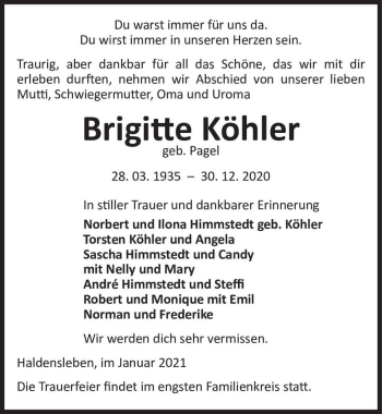 Traueranzeige von Brigitte Köhler (geb. Pagel)  von Magdeburger Volksstimme