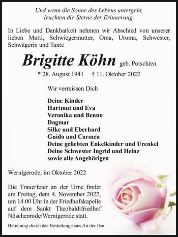 Traueranzeige von Brigitte Köhn (geb. Potschien)  von Magdeburger Volksstimme