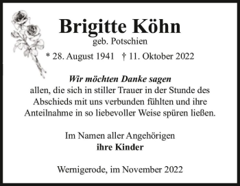 Traueranzeige von Brigitte Köhn (geb. Potschien)  von Magdeburger Volksstimme