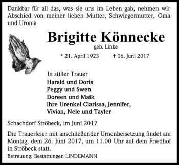 Traueranzeige von Brigitte Könnecke (geb. Linke)  von Magdeburger Volksstimme