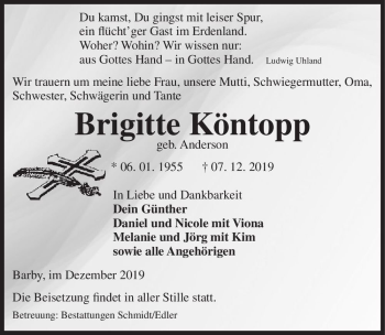 Traueranzeige von Brigitte Köntopp (geb. Anderson)  von Magdeburger Volksstimme