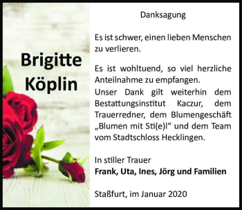 Traueranzeige von Brigitte Köplin  von Magdeburger Volksstimme