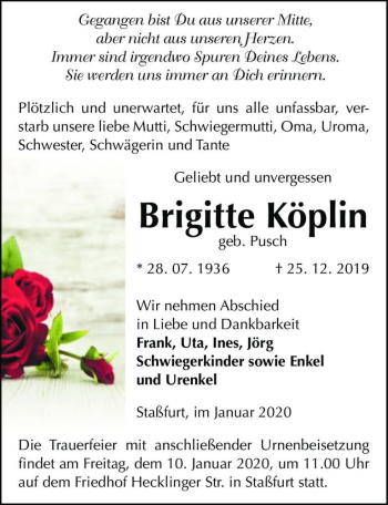 Traueranzeige von Brigitte Köplin (geb. Pusch)  von Magdeburger Volksstimme