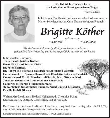 Traueranzeige von Brigitte Köther (geb. Maatzig)  von Magdeburger Volksstimme
