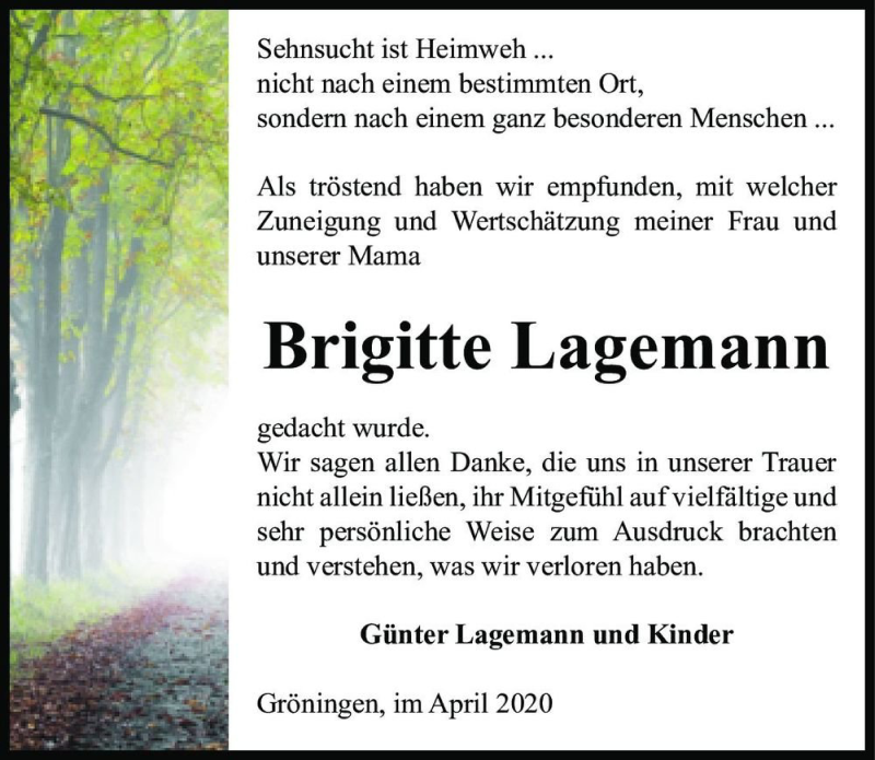  Traueranzeige für Brigitte Lagemann  vom 21.04.2020 aus Magdeburger Volksstimme
