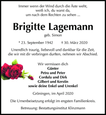 Traueranzeige von Brigitte Lagemann (geb. Simon)  von Magdeburger Volksstimme