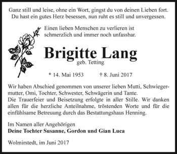 Traueranzeige von Brigitte Lang (geb. Tetting)  von Magdeburger Volksstimme