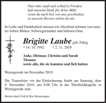 Traueranzeige von Brigitte Laube (geb. Fabig)  von Magdeburger Volksstimme