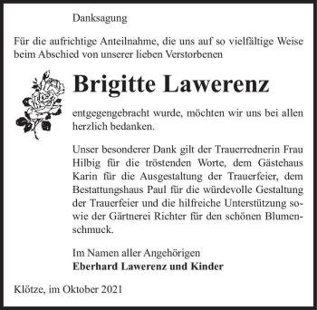 Traueranzeige von Brigitte Lawerenz  von Magdeburger Volksstimme