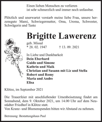 Traueranzeige von Brigitte Lawerenz (geb. Missal)  von Magdeburger Volksstimme