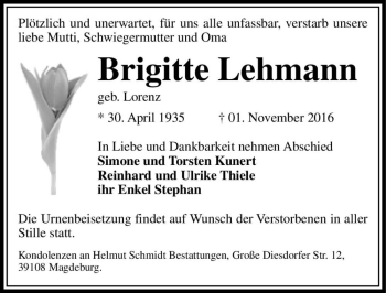 Traueranzeige von Brigitte Lehmann (geb. Lorenz)  von Magdeburger Volksstimme