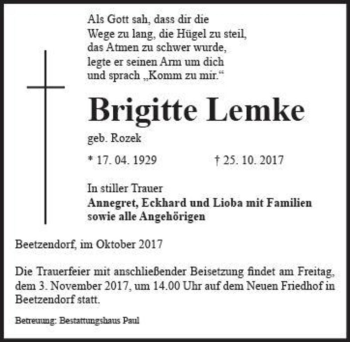 Traueranzeige von Brigitte Lemke (geb. Rozek)  von Magdeburger Volksstimme