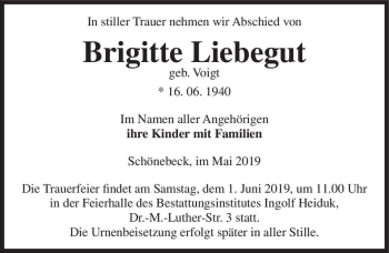 Traueranzeige von Brigitte Liebegut (geb. Voigt)  von Magdeburger Volksstimme