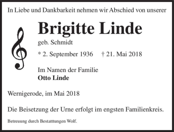 Traueranzeige von Brigitte Linde (geb. Schmidt)  von Magdeburger Volksstimme