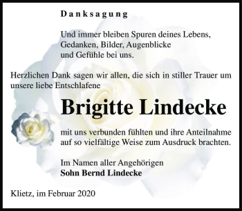Traueranzeige von Brigitte Lindecke  von Magdeburger Volksstimme