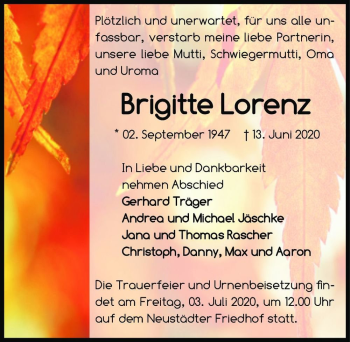 Traueranzeige von Brigitte Lorenz  von Magdeburger Volksstimme