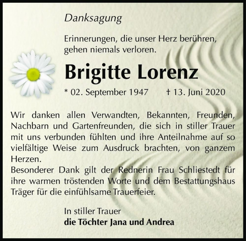  Traueranzeige für Brigitte Lorenz  vom 11.07.2020 aus Magdeburger Volksstimme