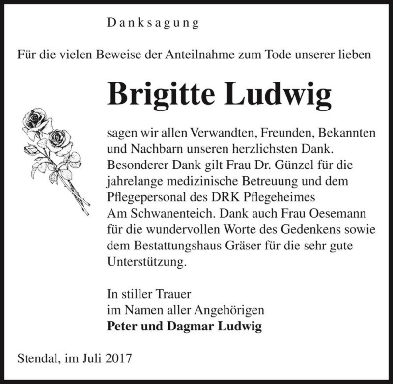  Traueranzeige für Brigitte Ludwig  vom 01.07.2017 aus Magdeburger Volksstimme