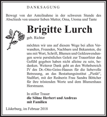 Traueranzeige von Brigitte Lurch (geb. Richter)  von Magdeburger Volksstimme