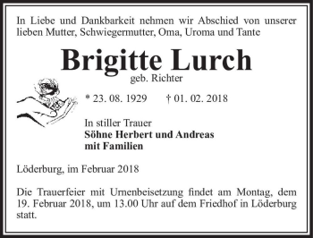 Traueranzeige von Brigitte Lurch (geb. Richter)  von Magdeburger Volksstimme