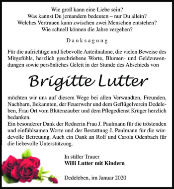 Traueranzeige von Brigitte Lutter  von Magdeburger Volksstimme