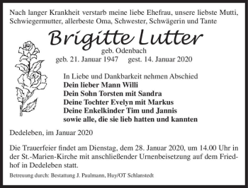 Traueranzeige von Brigitte Lutter (geb. Odenbach)  von Magdeburger Volksstimme