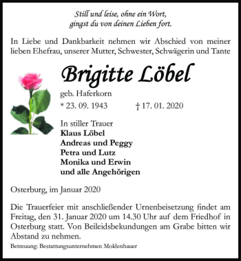 Traueranzeige von Brigitte Löbel (geb. Haferkorn)  von Magdeburger Volksstimme