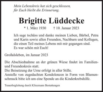Traueranzeige von Brigitte Lüddecke  von Magdeburger Volksstimme
