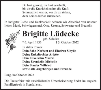 Traueranzeige von Brigitte Lüdecke (geb. Schulze)  von Magdeburger Volksstimme
