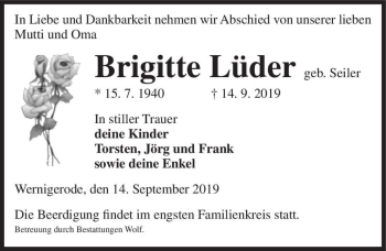 Traueranzeige von Brigitte Lüder (geb. Seiler)  von Magdeburger Volksstimme