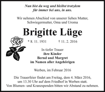 Traueranzeige von Brigitte Lüge  von Magdeburger Volksstimme