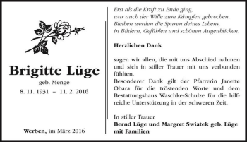 Traueranzeige von Brigitte Lüge (geb. Menge)  von Magdeburger Volksstimme