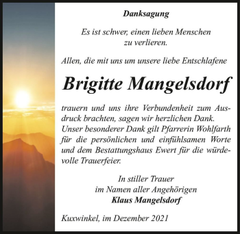 Traueranzeige von Brigitte Mangelsdorf  von Magdeburger Volksstimme