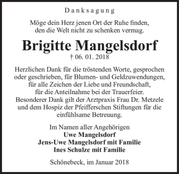Traueranzeige von Brigitte Mangelsdorf  von Magdeburger Volksstimme
