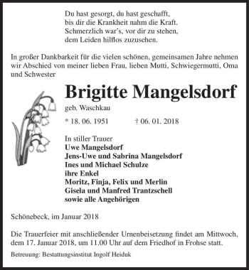 Traueranzeige von Brigitte Mangelsdorf (geb. Waschkau)  von Magdeburger Volksstimme
