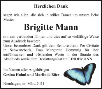 Traueranzeige von Brigitte Mann  von Magdeburger Volksstimme