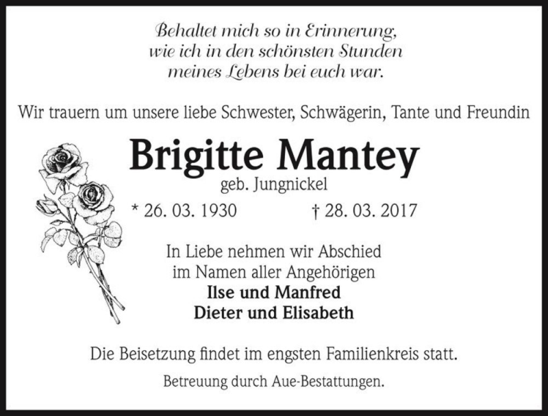  Traueranzeige für Brigitte Mantey (geb. Jungnickel)  vom 01.04.2017 aus Magdeburger Volksstimme