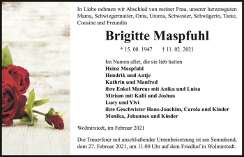 Traueranzeige von Brigitte Maspfuhl  von Magdeburger Volksstimme