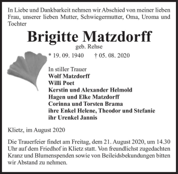 Traueranzeige von Brigitte Matzdorff (geb. Rehse)  von Magdeburger Volksstimme