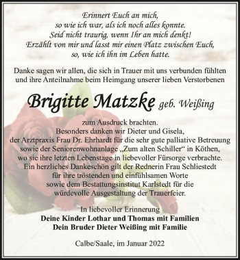 Traueranzeige von Brigitte Matzke (geb. Weißing)  von Magdeburger Volksstimme